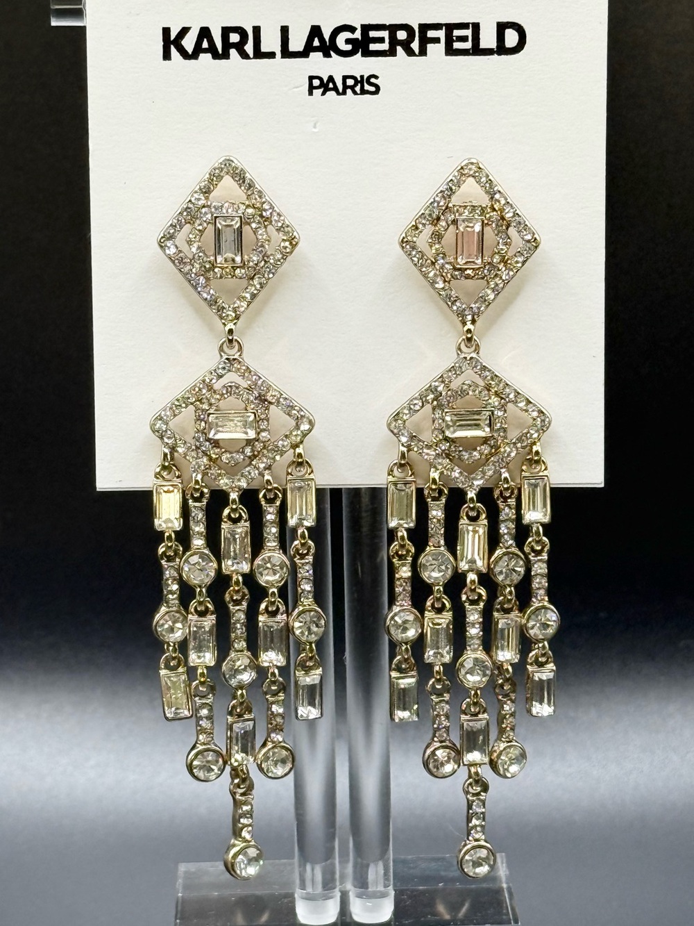 Karl Lagerfeld Glass Stone Mosaic Pave Linear Gold-Tone Earrings